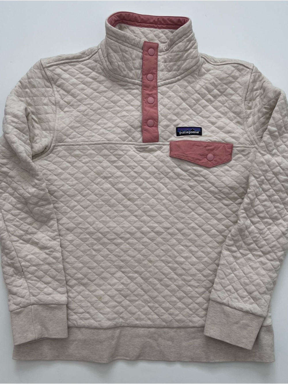 Patagonia Quilted Pullover in Light Cream with Coral Trim - Women’s small